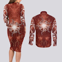 New Zealand Matariki Pohutukawa Couples Matching Long Sleeve Bodycon Dress and Long Sleeve Button Shirt Maori Moko Red Galaxy LT05 - Polynesian Pride