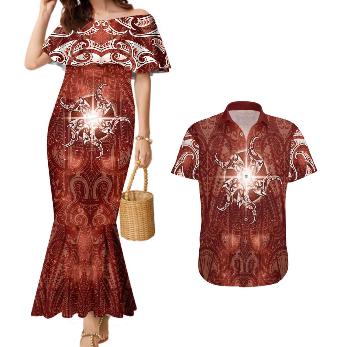 New Zealand Matariki Pohutukawa Couples Matching Mermaid Dress and Hawaiian Shirt Maori Moko Red Galaxy LT05 Red - Polynesian Pride
