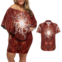New Zealand Matariki Pohutukawa Couples Matching Off Shoulder Short Dress and Hawaiian Shirt Maori Moko Red Galaxy LT05 Red - Polynesian Pride