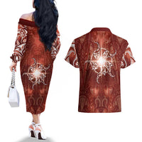 New Zealand Matariki Pohutukawa Couples Matching Off The Shoulder Long Sleeve Dress and Hawaiian Shirt Maori Moko Red Galaxy LT05 - Polynesian Pride