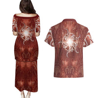 New Zealand Matariki Pohutukawa Couples Matching Puletasi and Hawaiian Shirt Maori Moko Red Galaxy LT05 - Polynesian Pride