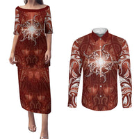 New Zealand Matariki Pohutukawa Couples Matching Puletasi and Long Sleeve Button Shirt Maori Moko Red Galaxy LT05 Red - Polynesian Pride