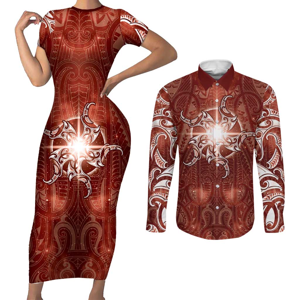 New Zealand Matariki Pohutukawa Couples Matching Short Sleeve Bodycon Dress and Long Sleeve Button Shirt Maori Moko Red Galaxy LT05 Red - Polynesian Pride