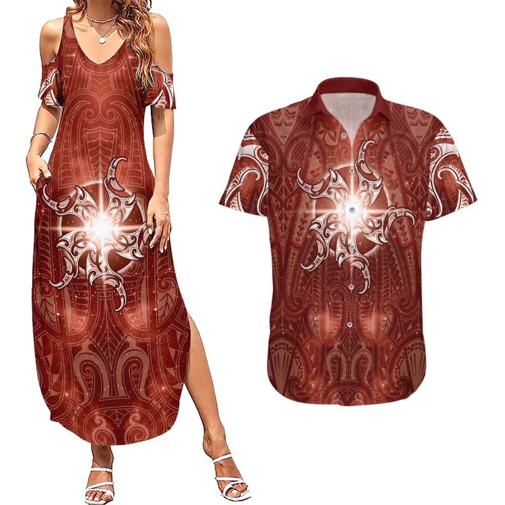 New Zealand Matariki Pohutukawa Couples Matching Summer Maxi Dress and Hawaiian Shirt Maori Moko Red Galaxy