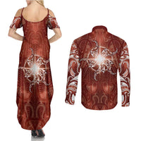 New Zealand Matariki Pohutukawa Couples Matching Summer Maxi Dress and Long Sleeve Button Shirt Maori Moko Red Galaxy LT05 - Polynesian Pride