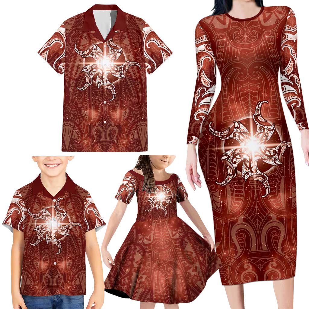 New Zealand Matariki Pohutukawa Family Matching Long Sleeve Bodycon Dress and Hawaiian Shirt Maori Moko Red Galaxy LT05 - Polynesian Pride