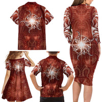 New Zealand Matariki Pohutukawa Family Matching Long Sleeve Bodycon Dress and Hawaiian Shirt Maori Moko Red Galaxy LT05 - Polynesian Pride