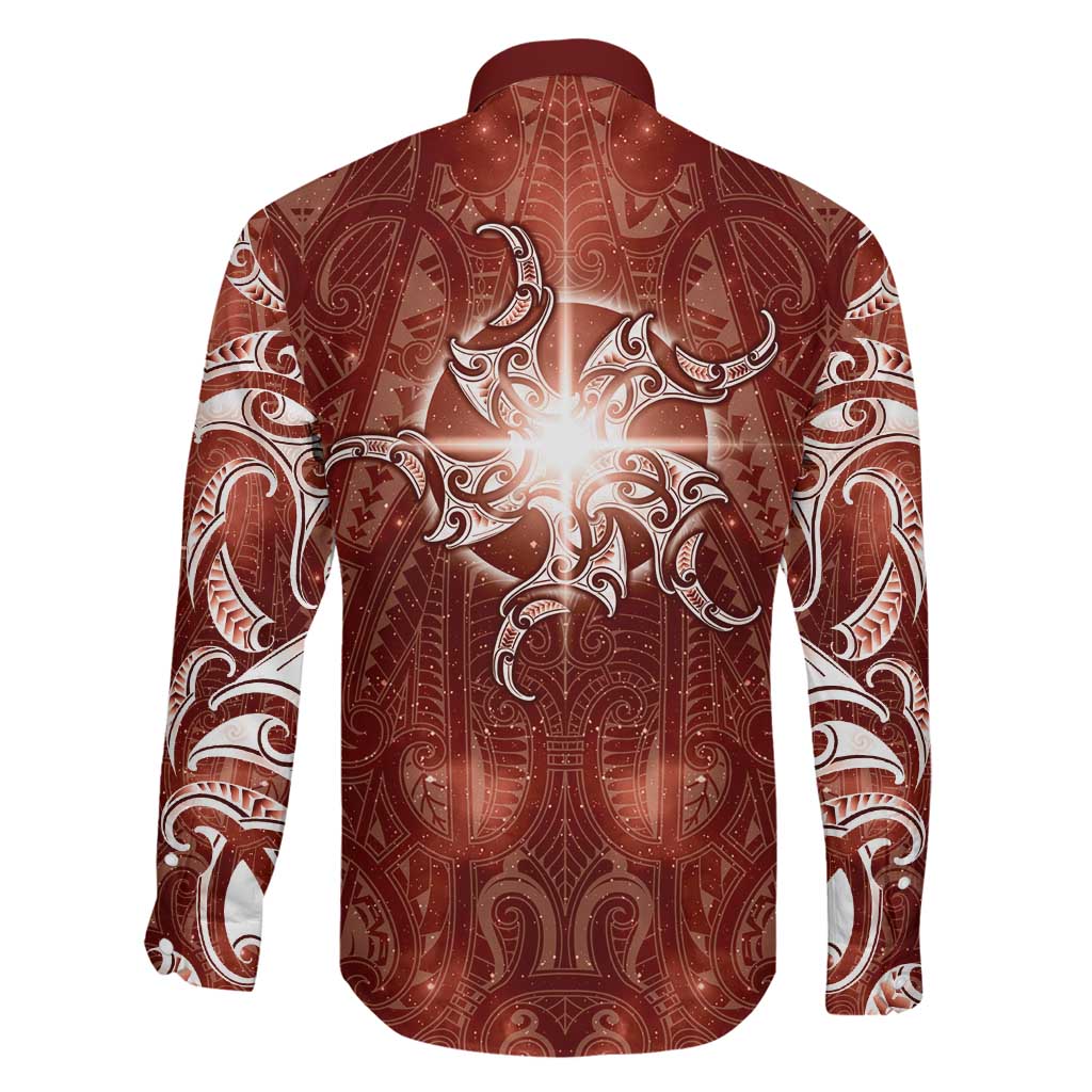 New Zealand Matariki Pohutukawa Family Matching Long Sleeve Bodycon Dress and Hawaiian Shirt Maori Moko Red Galaxy LT05 - Polynesian Pride