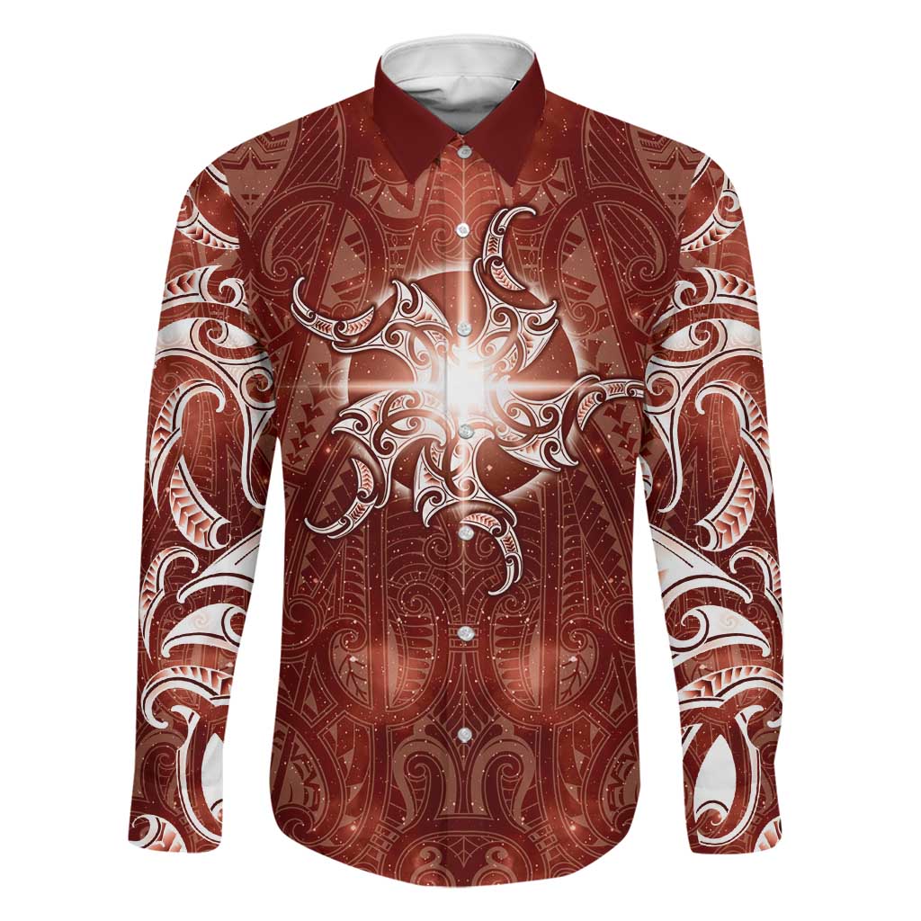 New Zealand Matariki Pohutukawa Family Matching Off The Shoulder Long Sleeve Dress and Hawaiian Shirt Maori Moko Red Galaxy LT05 Dad's Shirt - Long Sleeve Red - Polynesian Pride