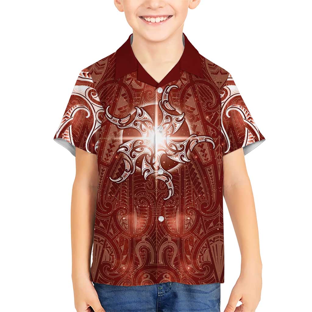 New Zealand Matariki Pohutukawa Family Matching Off The Shoulder Long Sleeve Dress and Hawaiian Shirt Maori Moko Red Galaxy LT05 Son's Shirt Red - Polynesian Pride