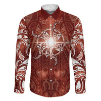 New Zealand Matariki Pohutukawa Family Matching Short Sleeve Bodycon Dress and Hawaiian Shirt Maori Moko Red Galaxy LT05 Dad's Shirt - Long Sleeve Red - Polynesian Pride