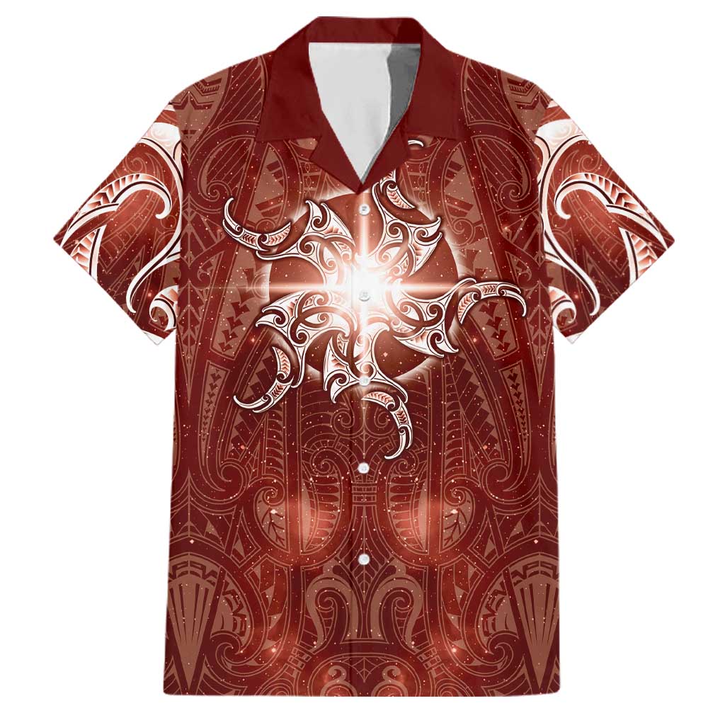 New Zealand Matariki Pohutukawa Family Matching Summer Maxi Dress and Hawaiian Shirt Maori Moko Red Galaxy LT05 Dad's Shirt - Short Sleeve Red - Polynesian Pride