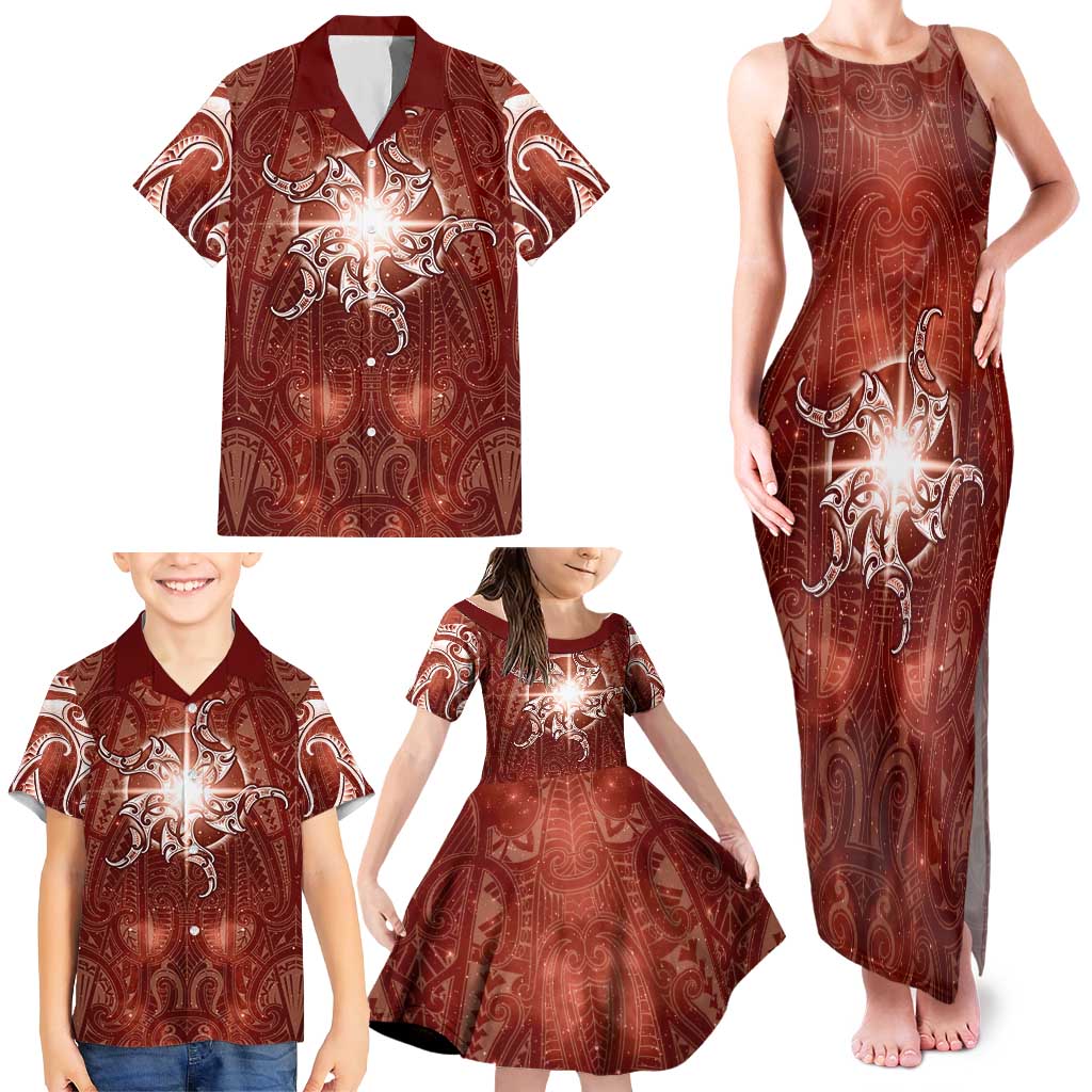 New Zealand Matariki Pohutukawa Family Matching Tank Maxi Dress and Hawaiian Shirt Maori Moko Red Galaxy