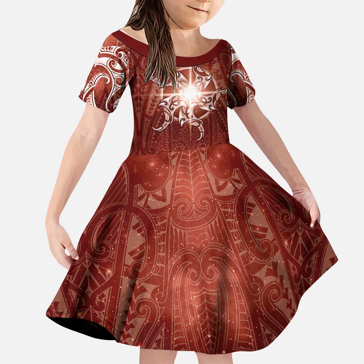 New Zealand Matariki Pohutukawa Kid Short Sleeve Dress Maori Moko Red Galaxy