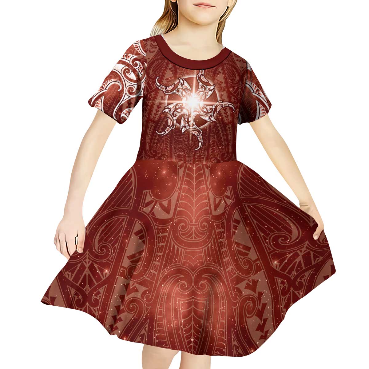 New Zealand Matariki Pohutukawa Kid Short Sleeve Dress Maori Moko Red Galaxy LT05 - Polynesian Pride