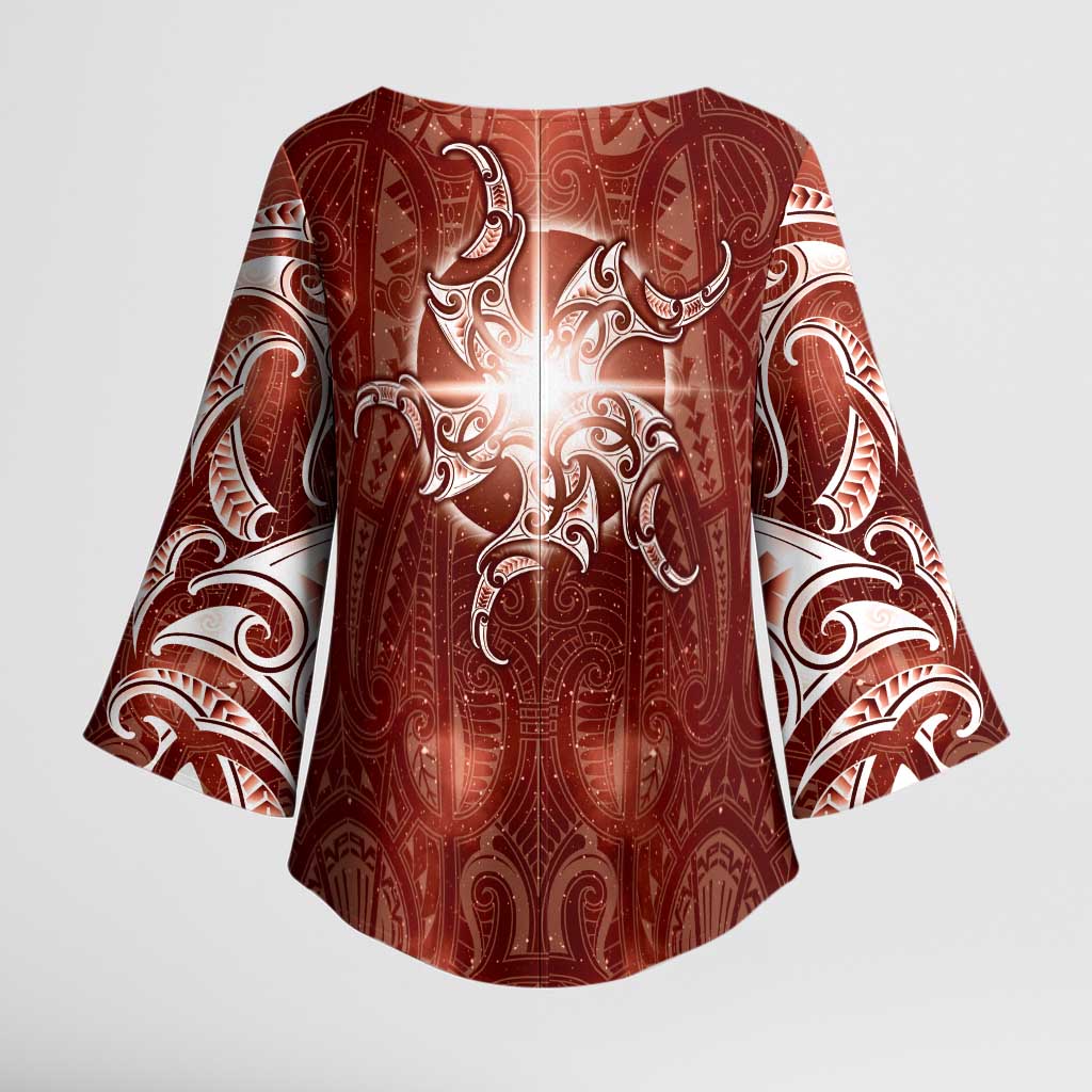 New Zealand Matariki Pohutukawa Kimono Sleeve Blouse Maori Moko Red Galaxy LT05 - Polynesian Pride