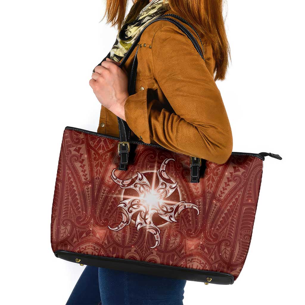 New Zealand Matariki Pohutukawa Leather Tote Bag Maori Moko Red Galaxy
