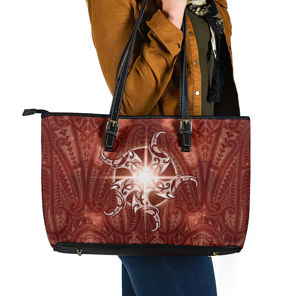 New Zealand Matariki Pohutukawa Leather Tote Bag Maori Moko Red Galaxy