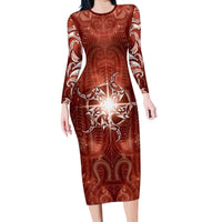 New Zealand Matariki Pohutukawa Long Sleeve Bodycon Dress Maori Moko Red Galaxy LT05 Long Dress Red - Polynesian Pride