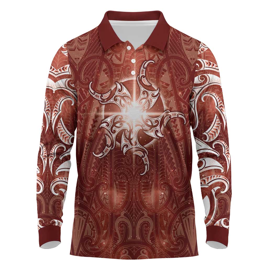 New Zealand Matariki Pohutukawa Long Sleeve Polo Shirt Maori Moko Red Galaxy LT05 Red - Polynesian Pride