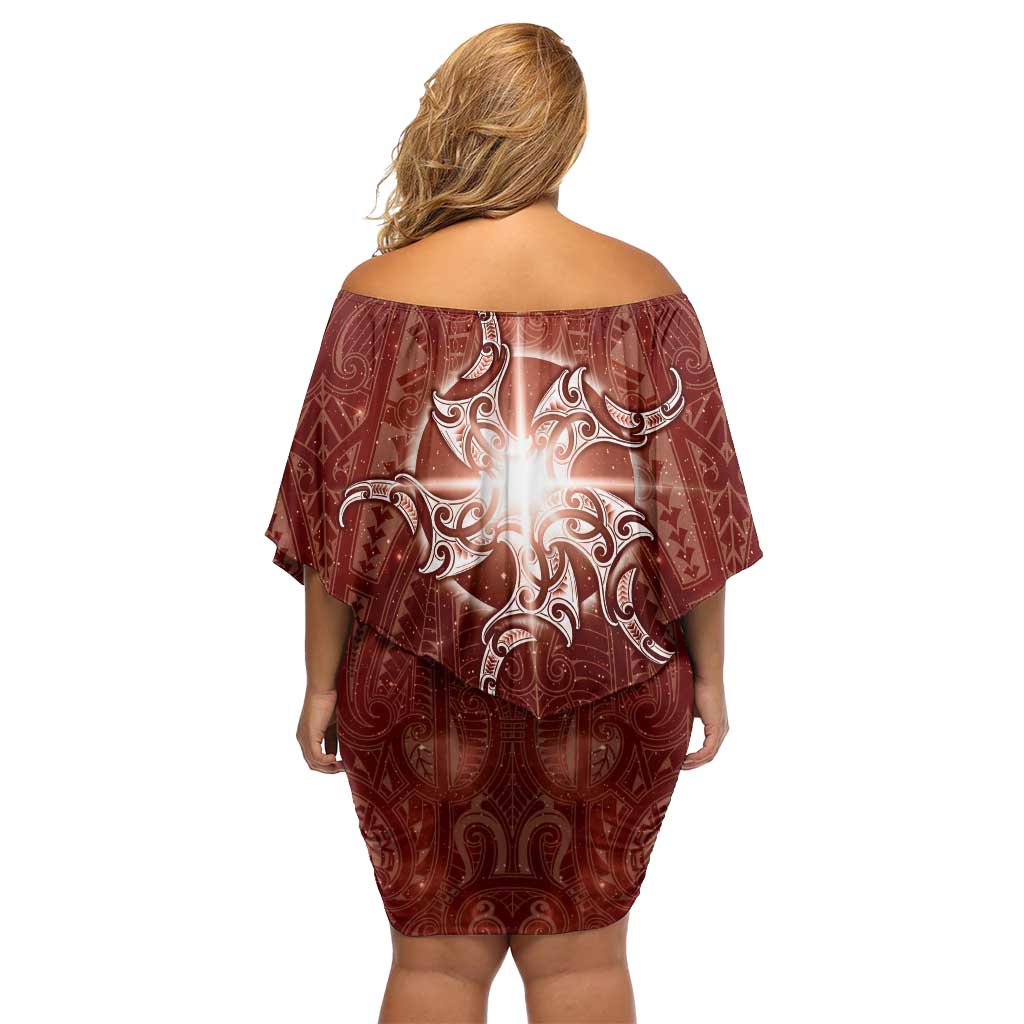New Zealand Matariki Pohutukawa Off Shoulder Short Dress Maori Moko Red Galaxy LT05 - Polynesian Pride