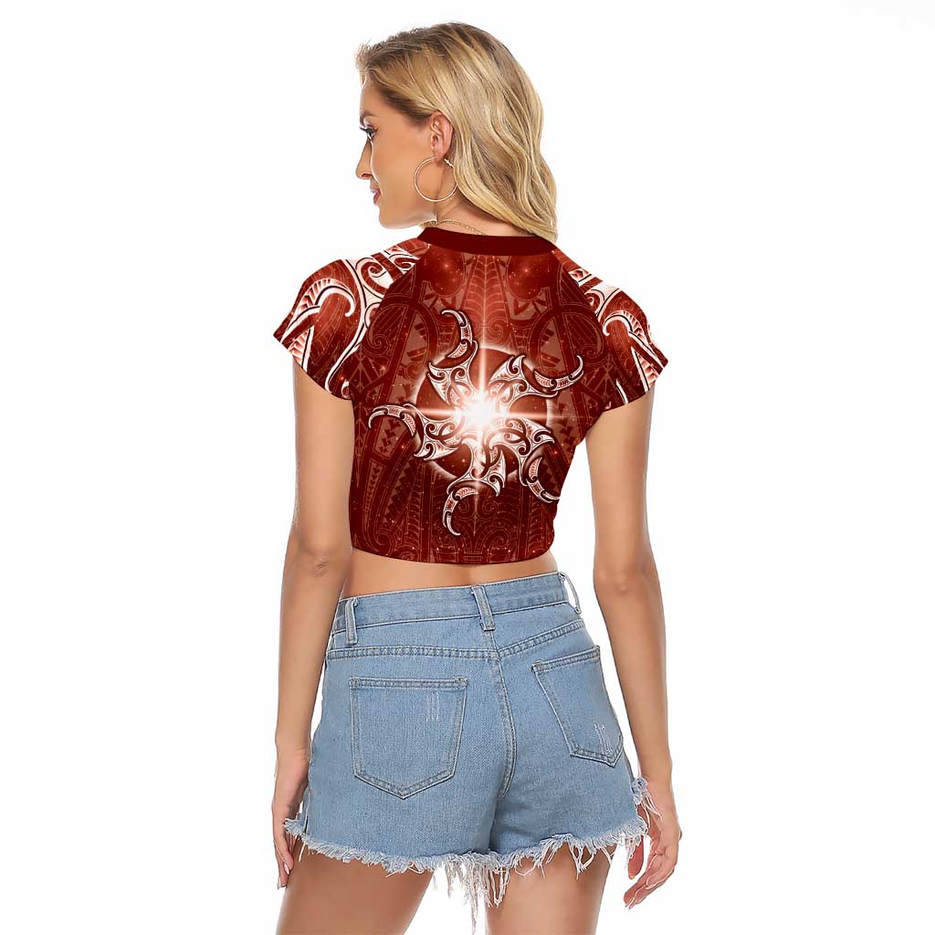 New Zealand Matariki Pohutukawa Raglan Cropped T Shirt Maori Moko Red Galaxy LT05 - Polynesian Pride
