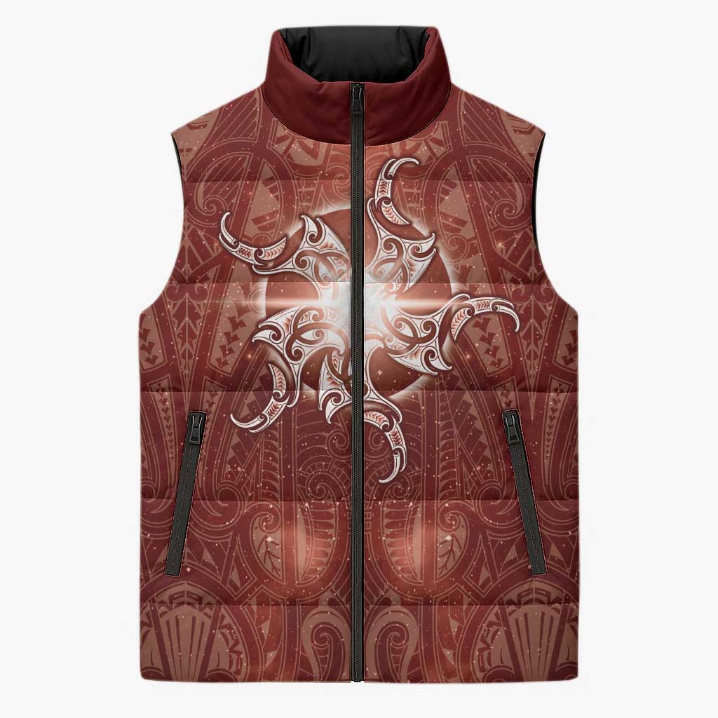 New Zealand Matariki Pohutukawa Sleeveless Puffer Jacket Maori Moko Red Galaxy