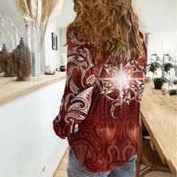 New Zealand Matariki Pohutukawa Women Casual Shirt Maori Moko Red Galaxy LT05 - Polynesian Pride
