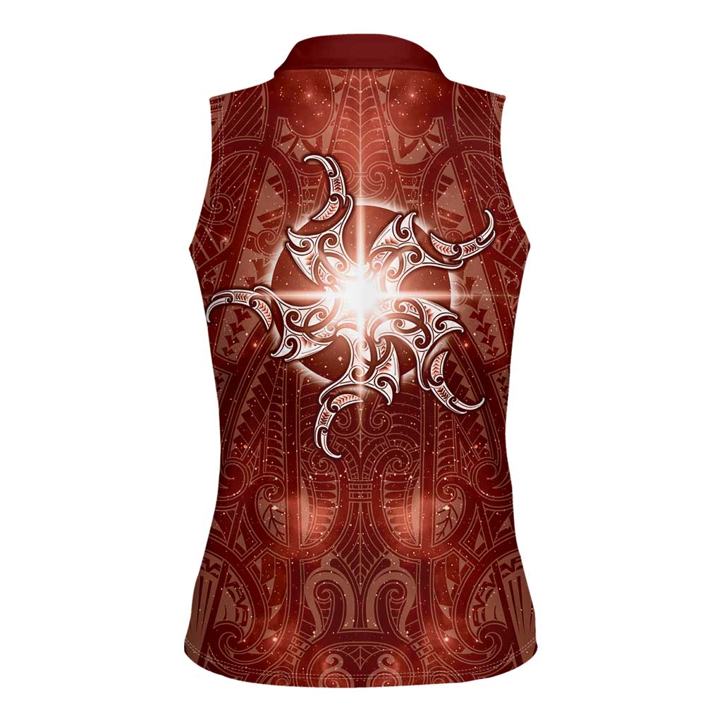 New Zealand Matariki Pohutukawa Women Sleeveless Polo Shirt Maori Moko Red Galaxy LT05 - Polynesian Pride