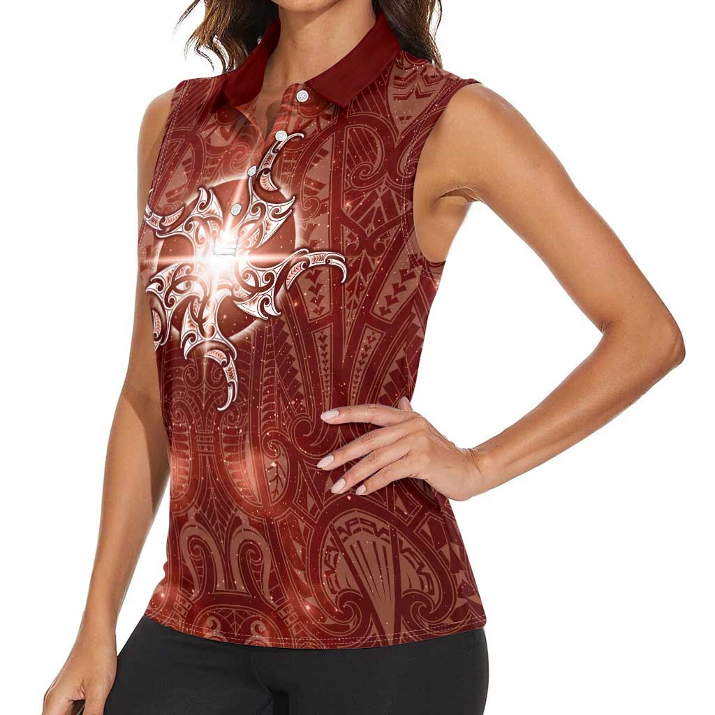 New Zealand Matariki Pohutukawa Women Sleeveless Polo Shirt Maori Moko Red Galaxy LT05 - Polynesian Pride