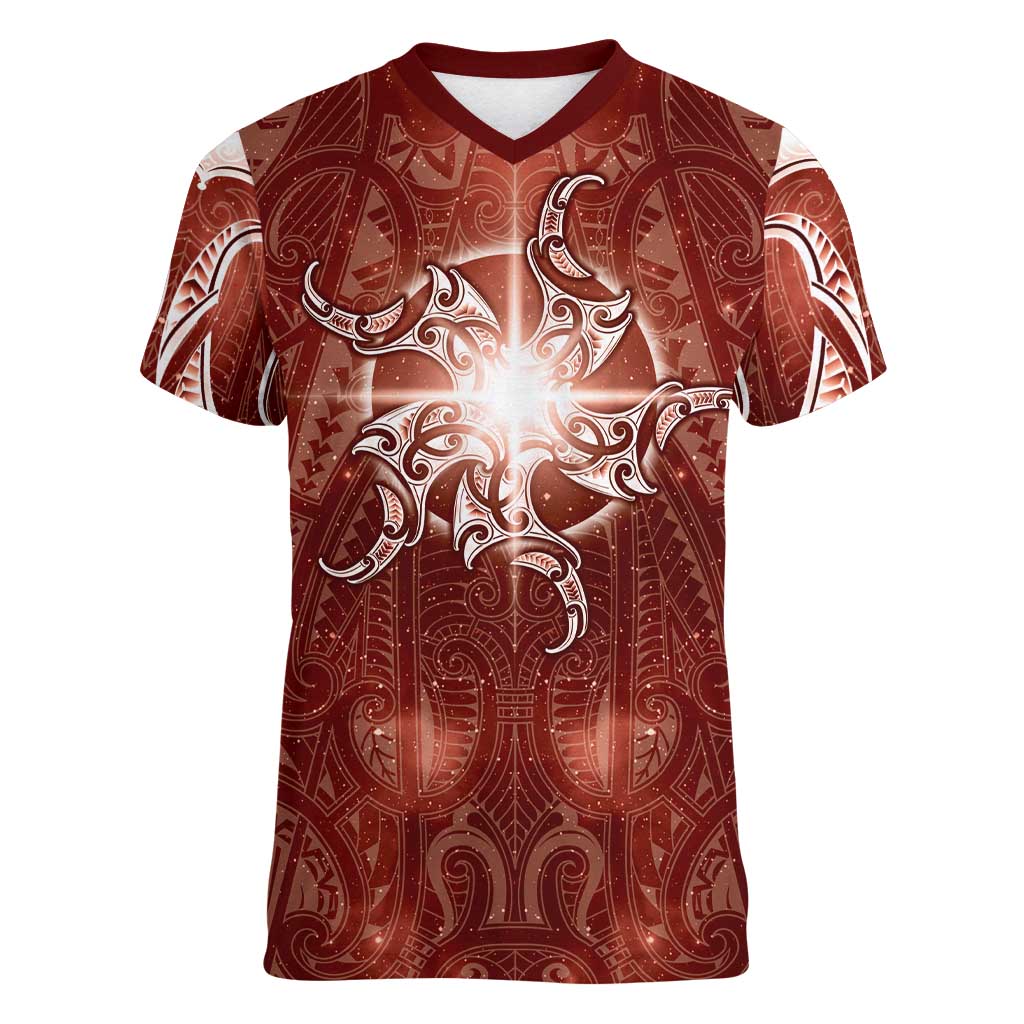 New Zealand Matariki Pohutukawa Women V-Neck T-Shirt Maori Moko Red Galaxy LT05 Female Red - Polynesian Pride