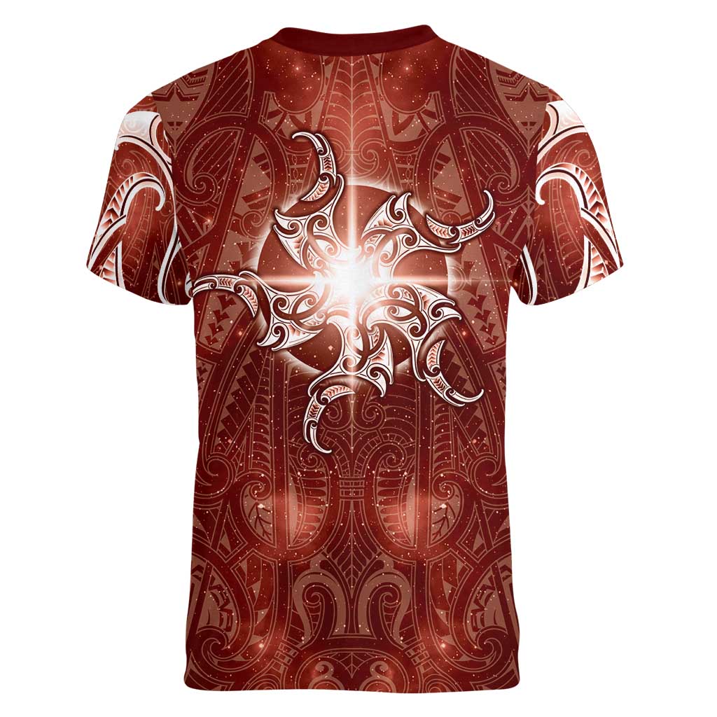 New Zealand Matariki Pohutukawa Women V-Neck T-Shirt Maori Moko Red Galaxy LT05 - Polynesian Pride
