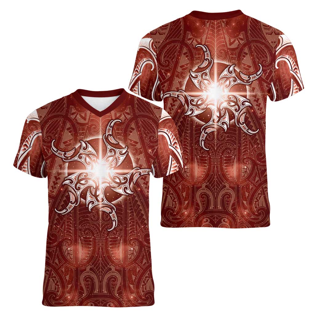 New Zealand Matariki Pohutukawa Women V-Neck T-Shirt Maori Moko Red Galaxy LT05 - Polynesian Pride