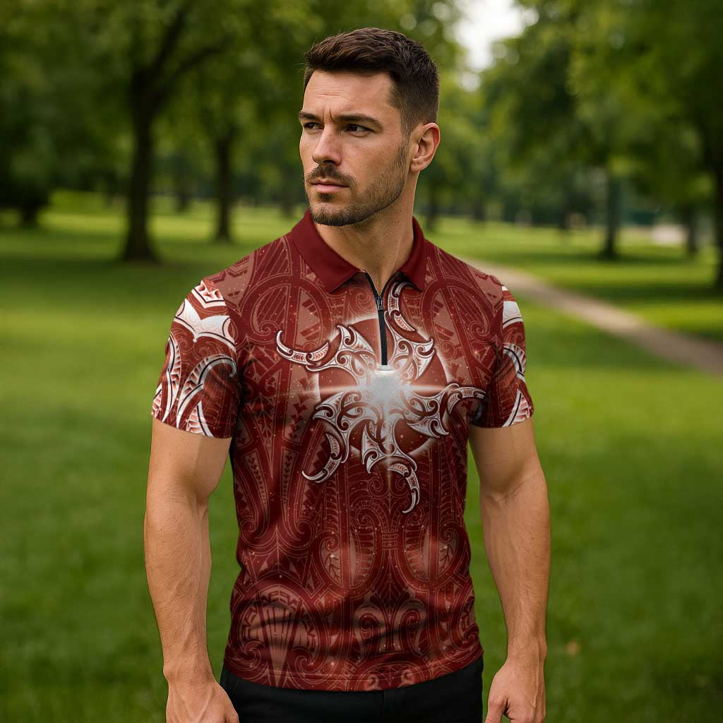 New Zealand Matariki Pohutukawa Zipper Polo Shirt Maori Moko Red Galaxy LT05 - Polynesian Pride