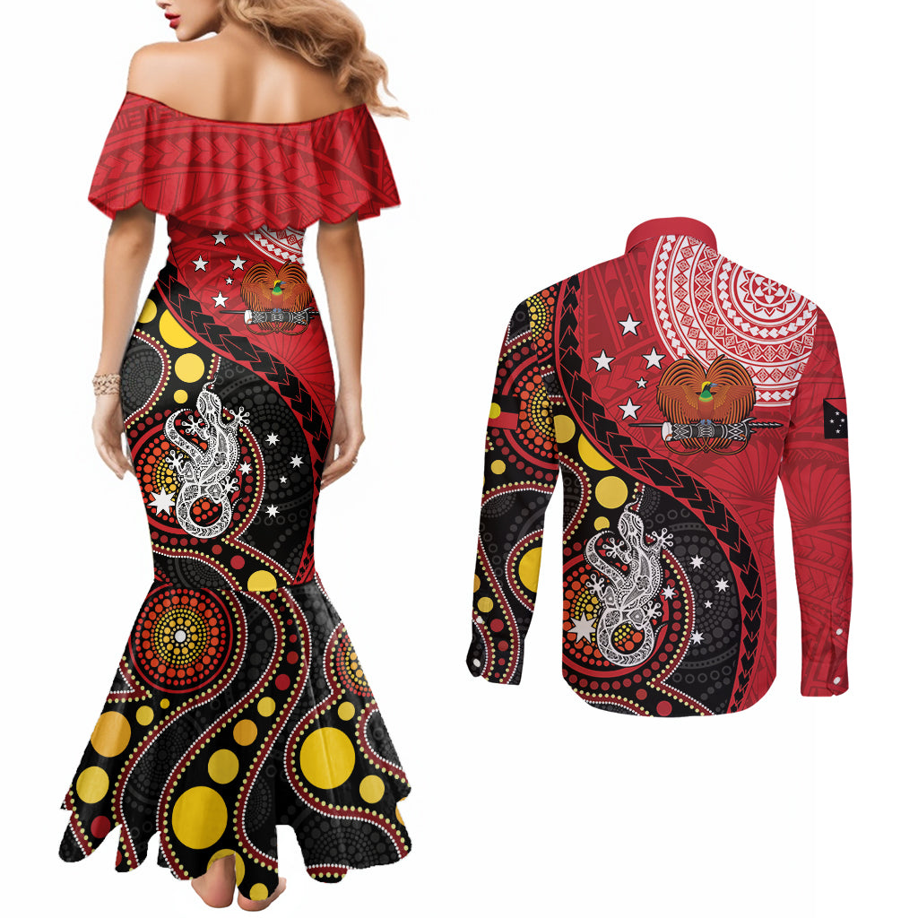 Papua New Guinea And Australia Aboriginal Couples Matching Mermaid Dress and Long Sleeve Button Shirt Bird Of Paradise And Kangaroo Together LT05 - Polynesian Pride