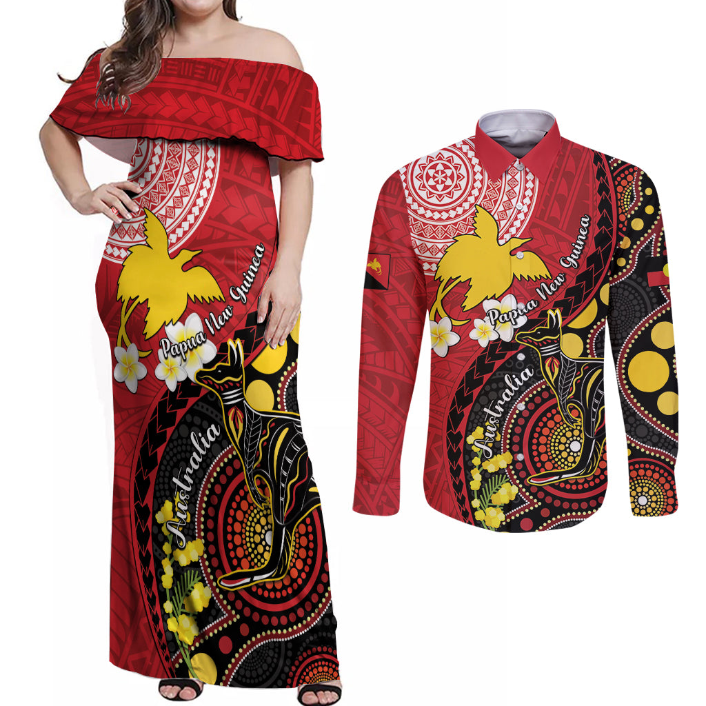 Papua New Guinea And Australia Aboriginal Couples Matching Off Shoulder Maxi Dress and Long Sleeve Button Shirt Bird Of Paradise And Kangaroo Together LT05 Red - Polynesian Pride