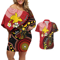 Papua New Guinea And Australia Aboriginal Couples Matching Off Shoulder Short Dress and Hawaiian Shirt Bird Of Paradise And Kangaroo Together LT05 Red - Polynesian Pride