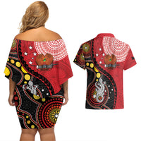 Papua New Guinea And Australia Aboriginal Couples Matching Off Shoulder Short Dress and Hawaiian Shirt Bird Of Paradise And Kangaroo Together LT05 - Polynesian Pride