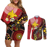 Papua New Guinea And Australia Aboriginal Couples Matching Off Shoulder Short Dress and Long Sleeve Button Shirt Bird Of Paradise And Kangaroo Together LT05 Red - Polynesian Pride