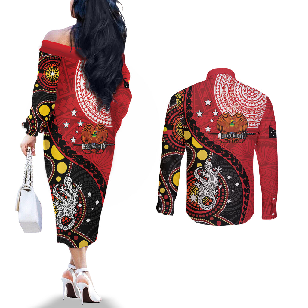 Papua New Guinea And Australia Aboriginal Couples Matching Off The Shoulder Long Sleeve Dress and Long Sleeve Button Shirt Bird Of Paradise And Kangaroo Together LT05 - Polynesian Pride