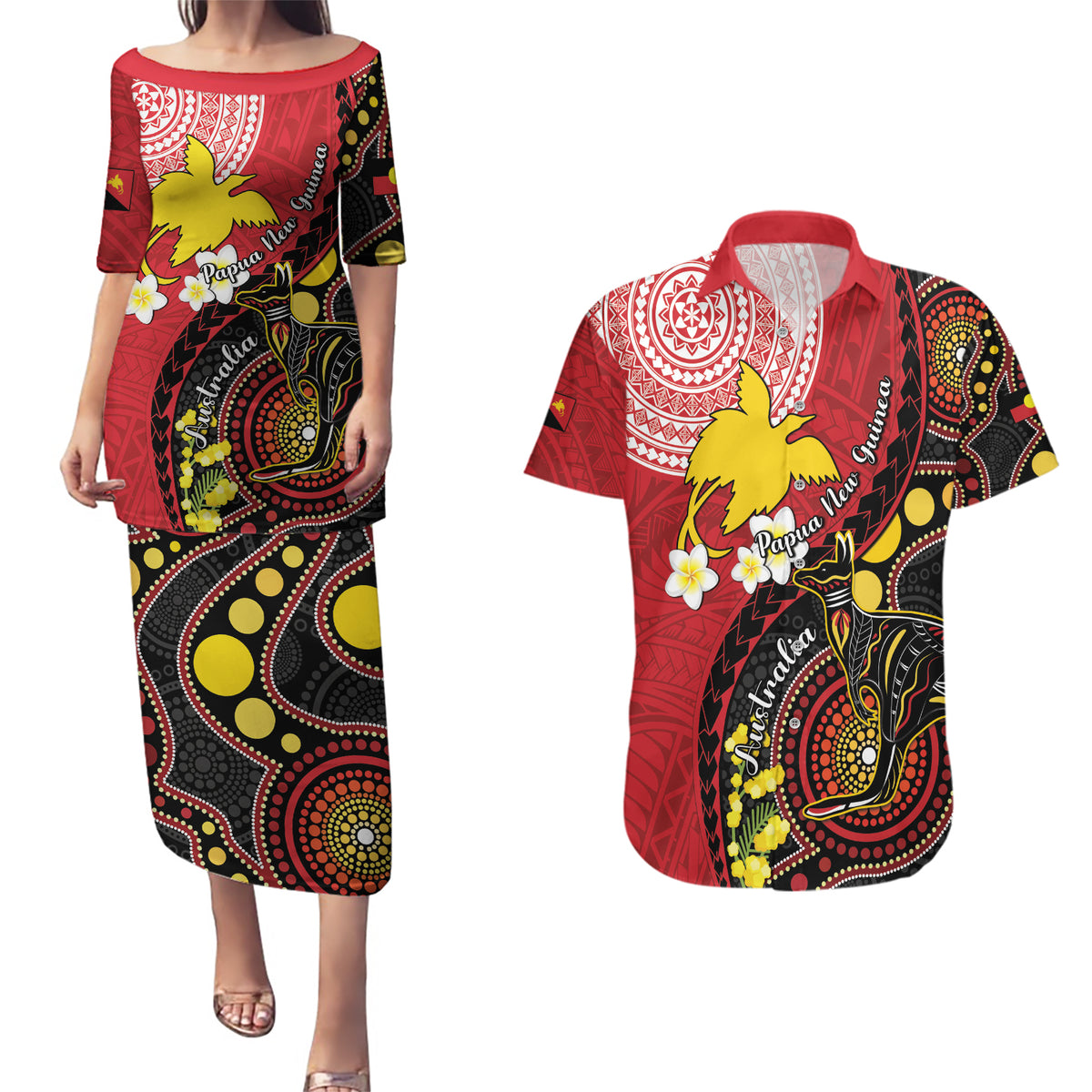 Papua New Guinea And Australia Aboriginal Couples Matching Puletasi and Hawaiian Shirt Bird Of Paradise And Kangaroo Together LT05 Red - Polynesian Pride