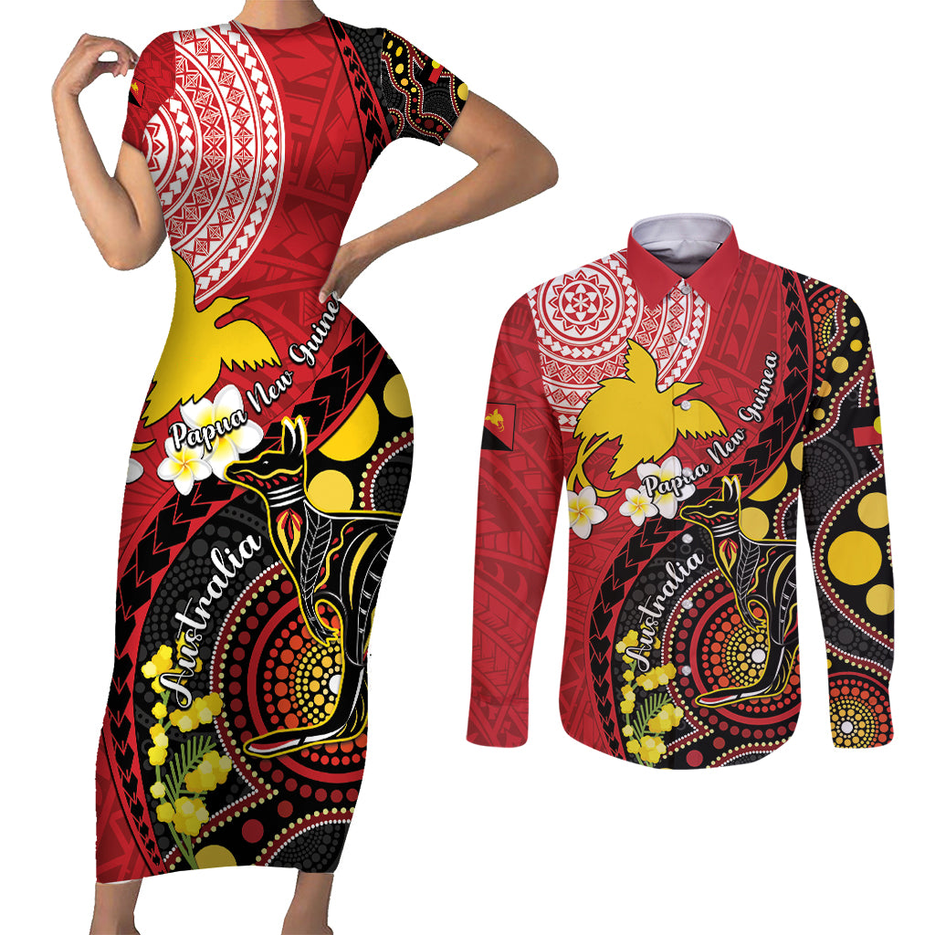 Papua New Guinea And Australia Aboriginal Couples Matching Short Sleeve Bodycon Dress and Long Sleeve Button Shirt Bird Of Paradise And Kangaroo Together LT05 Red - Polynesian Pride