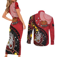 Papua New Guinea And Australia Aboriginal Couples Matching Short Sleeve Bodycon Dress and Long Sleeve Button Shirt Bird Of Paradise And Kangaroo Together LT05 - Polynesian Pride