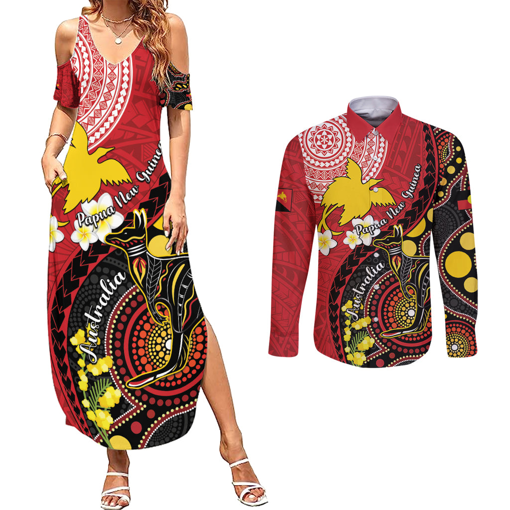 Papua New Guinea And Australia Aboriginal Couples Matching Summer Maxi Dress and Long Sleeve Button Shirt Bird Of Paradise And Kangaroo Together LT05 Red - Polynesian Pride
