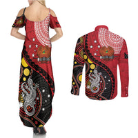 Papua New Guinea And Australia Aboriginal Couples Matching Summer Maxi Dress and Long Sleeve Button Shirt Bird Of Paradise And Kangaroo Together LT05 - Polynesian Pride