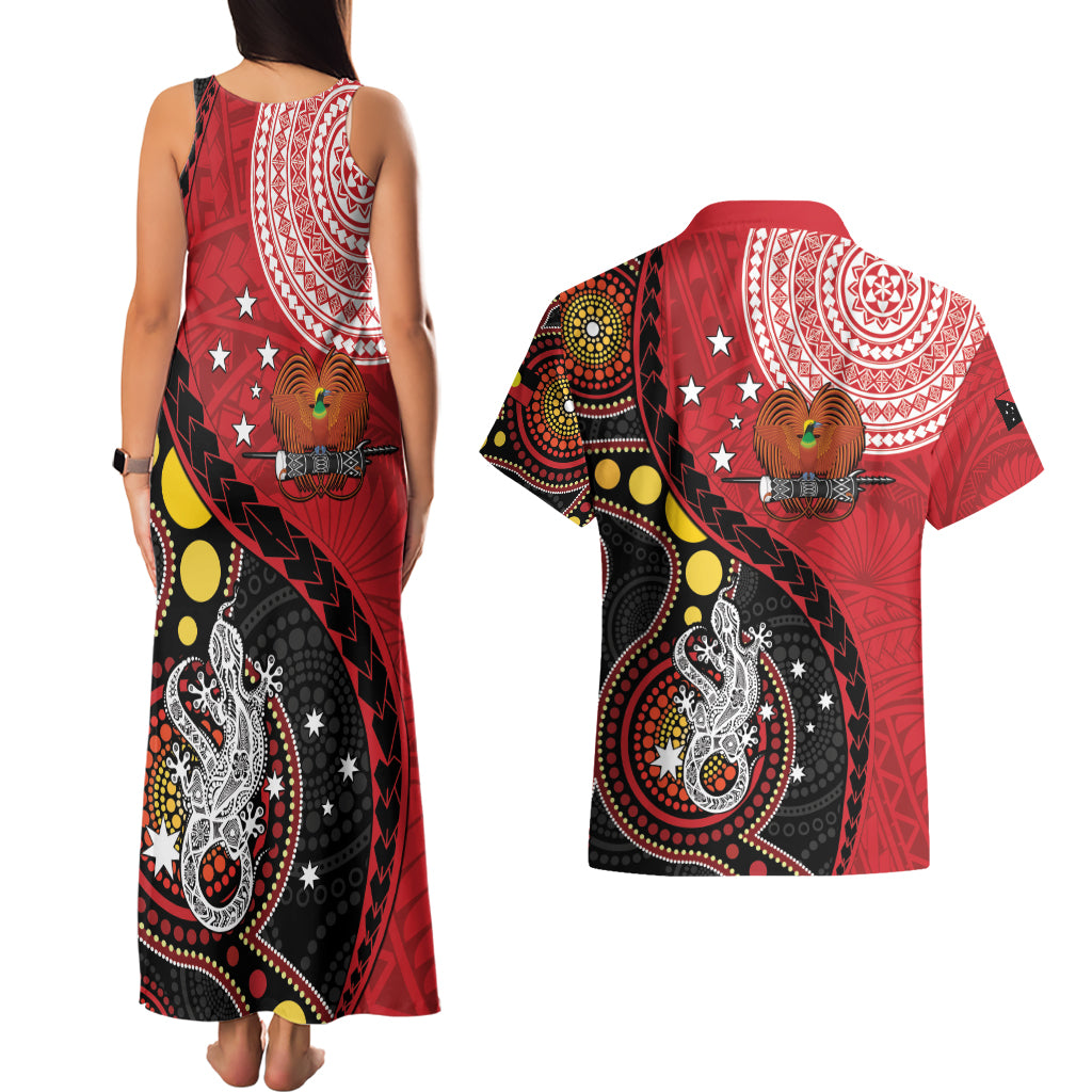 Papua New Guinea And Australia Aboriginal Couples Matching Tank Maxi Dress and Hawaiian Shirt Bird Of Paradise And Kangaroo Together LT05 - Polynesian Pride