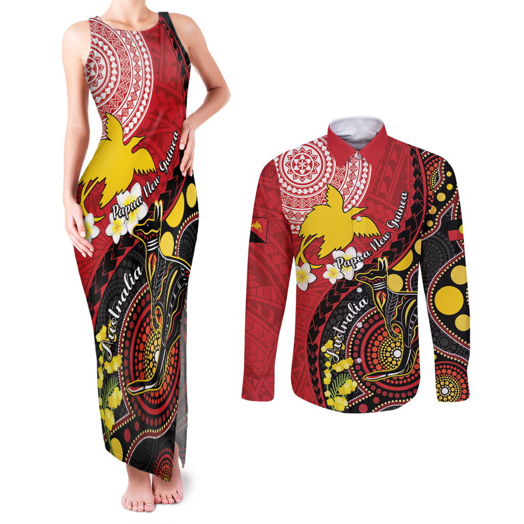 Papua New Guinea And Australia Aboriginal Couples Matching Tank Maxi Dress and Long Sleeve Button Shirt Bird Of Paradise And Kangaroo Together LT05 Red - Polynesian Pride