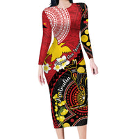 Papua New Guinea And Australia Aboriginal Family Matching Long Sleeve Bodycon Dress and Hawaiian Shirt Bird Of Paradise And Kangaroo Together LT05 Mom's Dress Red - Polynesian Pride