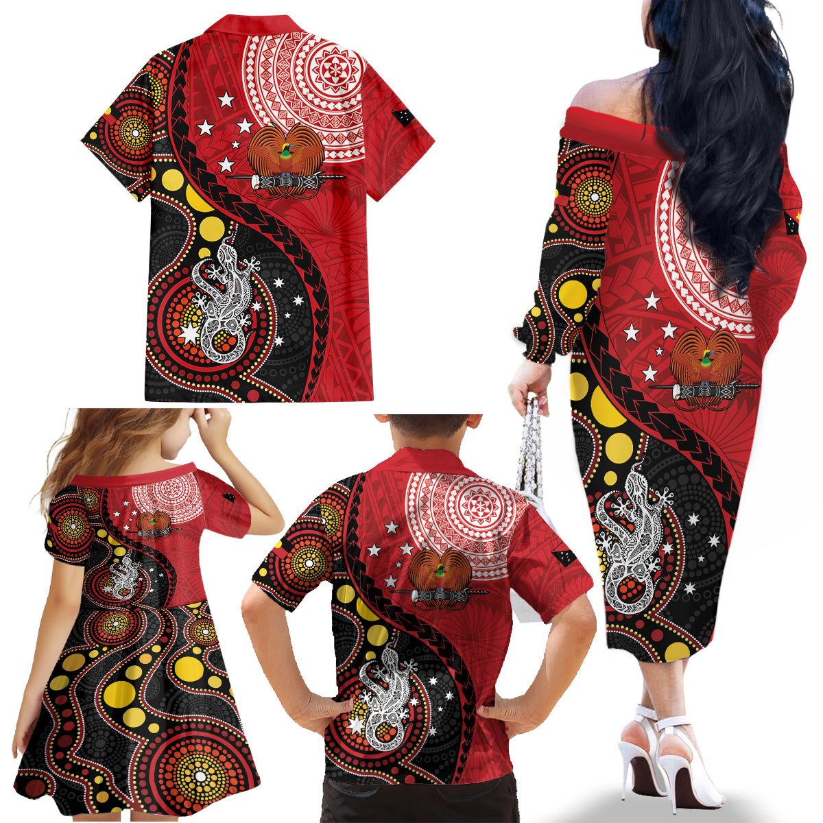 Papua New Guinea And Australia Aboriginal Family Matching Off The Shoulder Long Sleeve Dress and Hawaiian Shirt Bird Of Paradise And Kangaroo Together LT05 - Polynesian Pride