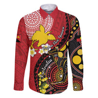 Papua New Guinea And Australia Aboriginal Family Matching Off The Shoulder Long Sleeve Dress and Hawaiian Shirt Bird Of Paradise And Kangaroo Together LT05 Dad's Shirt - Long Sleeve Red - Polynesian Pride